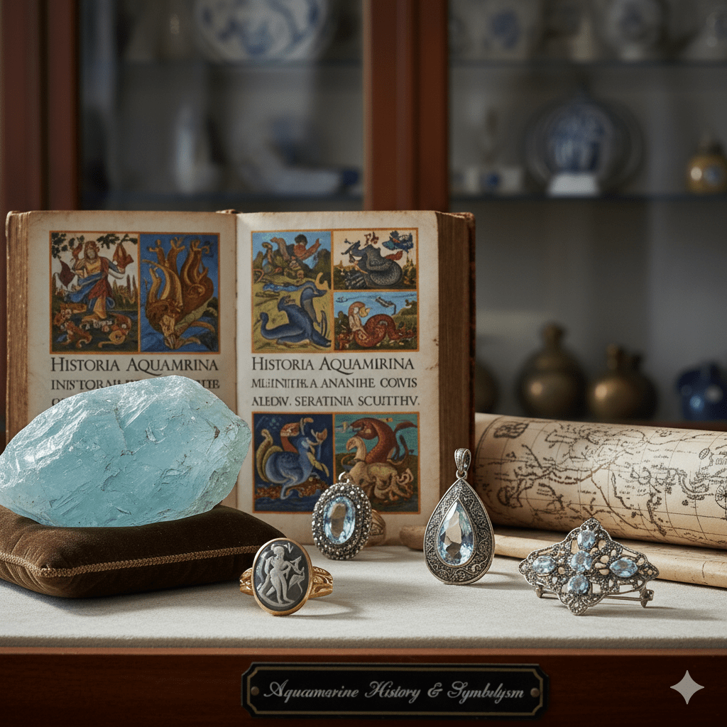 Aquamarine Jewelry and gemstone display with an open book titled 'Historia Aquamirina' on a shelf.