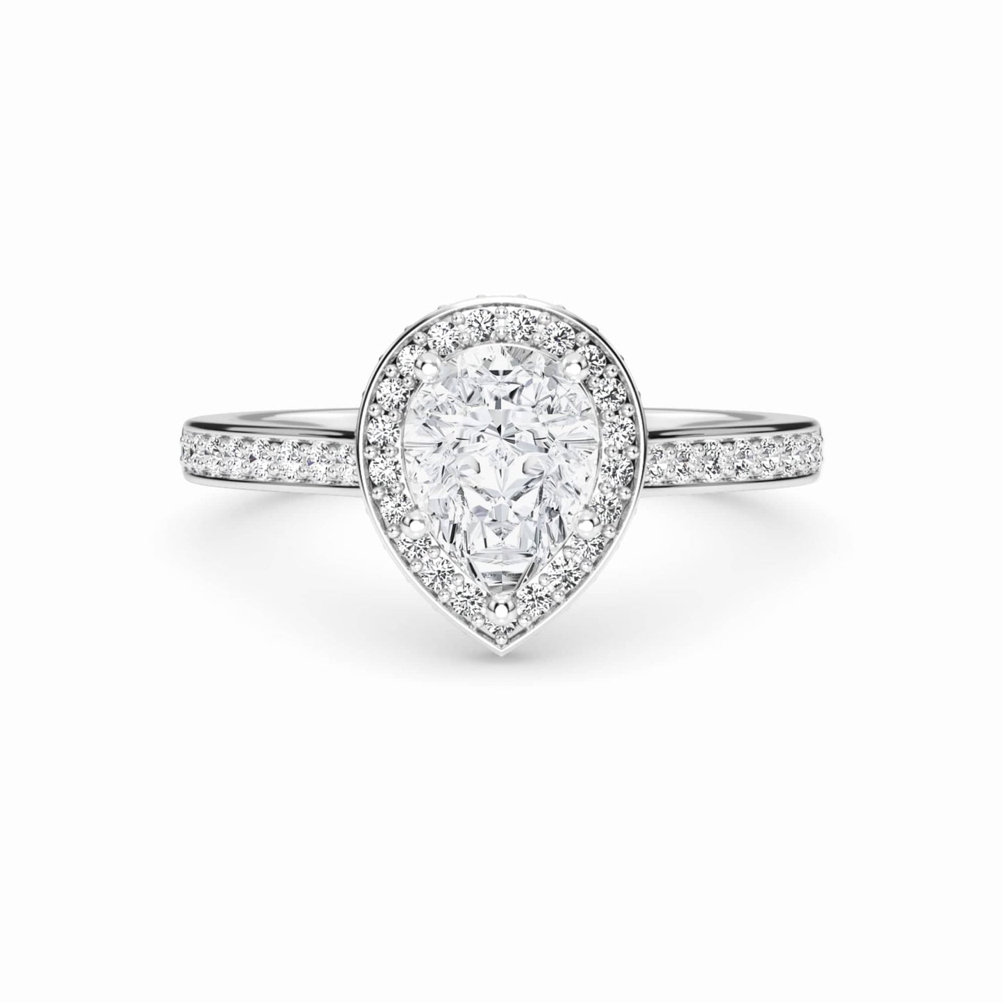 White Diamond Pave Set Classic Halo Engagement Ring - Mallory - 18K White Gold - 0.73 Carat Pear Diamond