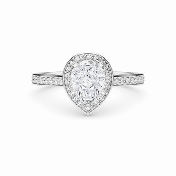 White Diamond Pave Set Classic Halo Engagement Ring - Mallory - 18K White Gold - 0.73 Carat Pear Diamond