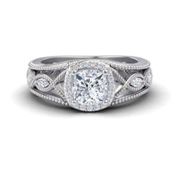 White Diamond Vintage-Inspired Halo Milgrain Marquise Accented Engagement Ring - Angela - 18K White Gold - 1.200 Carat Cushion Diamond