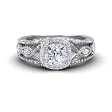 White Diamond Vintage-Inspired Halo Milgrain Marquise Accented Engagement Ring - Angela - 18K White Gold - 1.200 Carat Cushion Diamond
