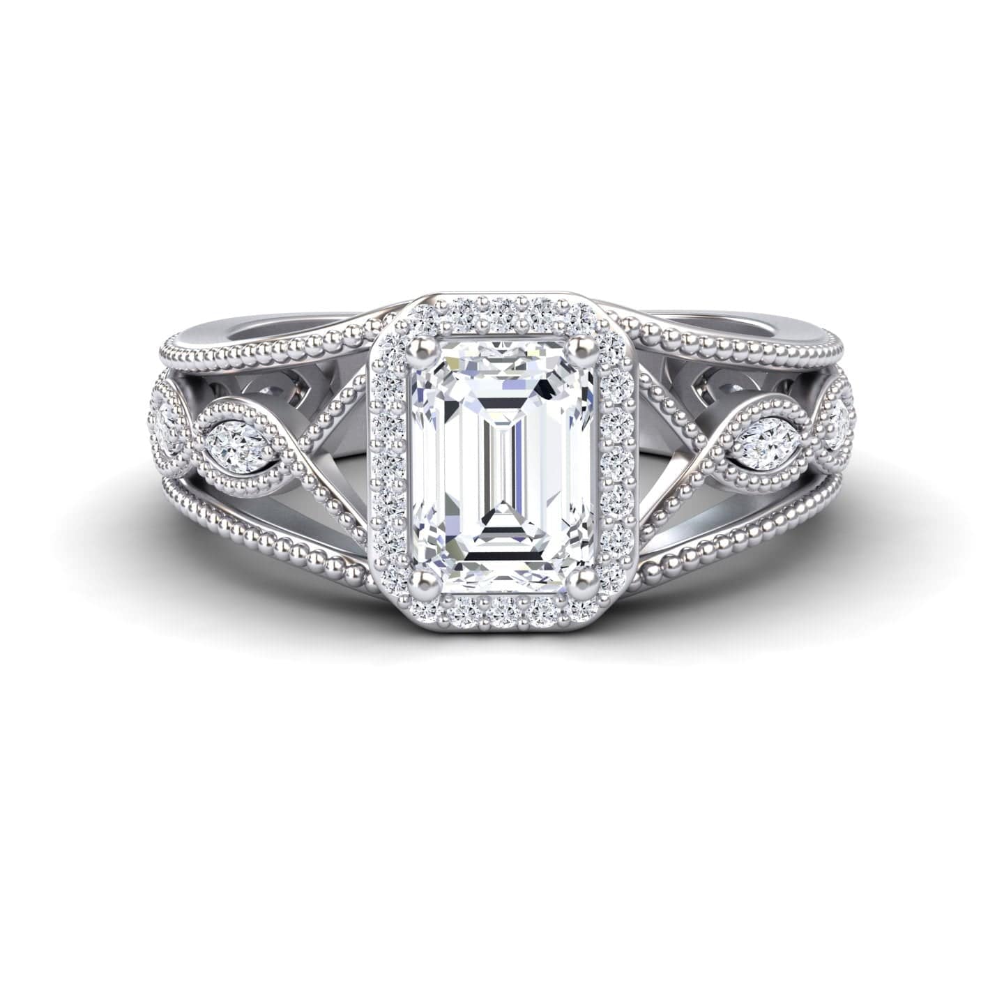 White Diamond Vintage-Inspired Halo Milgrain Marquise Accented Engagement Ring - Angela - 18K White Gold - 1.210 Carat Emerald Diamond