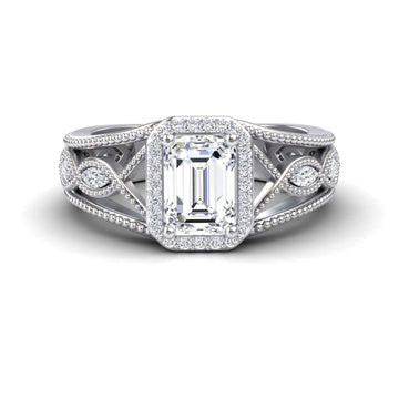 White Diamond Vintage-Inspired Halo Milgrain Marquise Accented Engagement Ring - Angela - 18K White Gold - 1.210 Carat Emerald Diamond