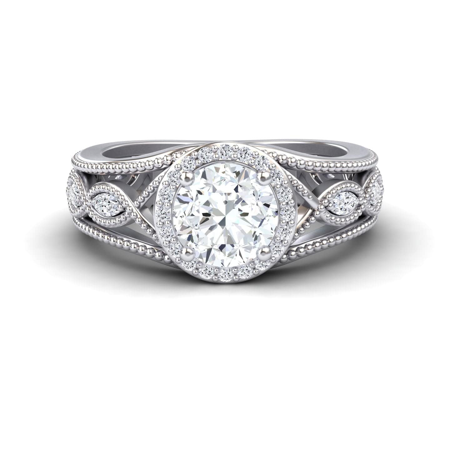 White Diamond Vintage-Inspired Halo Milgrain Marquise Accented Engagement Ring - Angela - 18K White Gold - 1.00 Carat Round Diamond