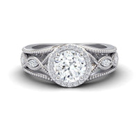 White Diamond Vintage-Inspired Halo Milgrain Marquise Accented Engagement Ring - Angela - 18K White Gold - 1.00 Carat Round Diamond