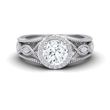 White Diamond Vintage-Inspired Halo Milgrain Marquise Accented Engagement Ring - Angela - 18K White Gold - 1.00 Carat Round Diamond
