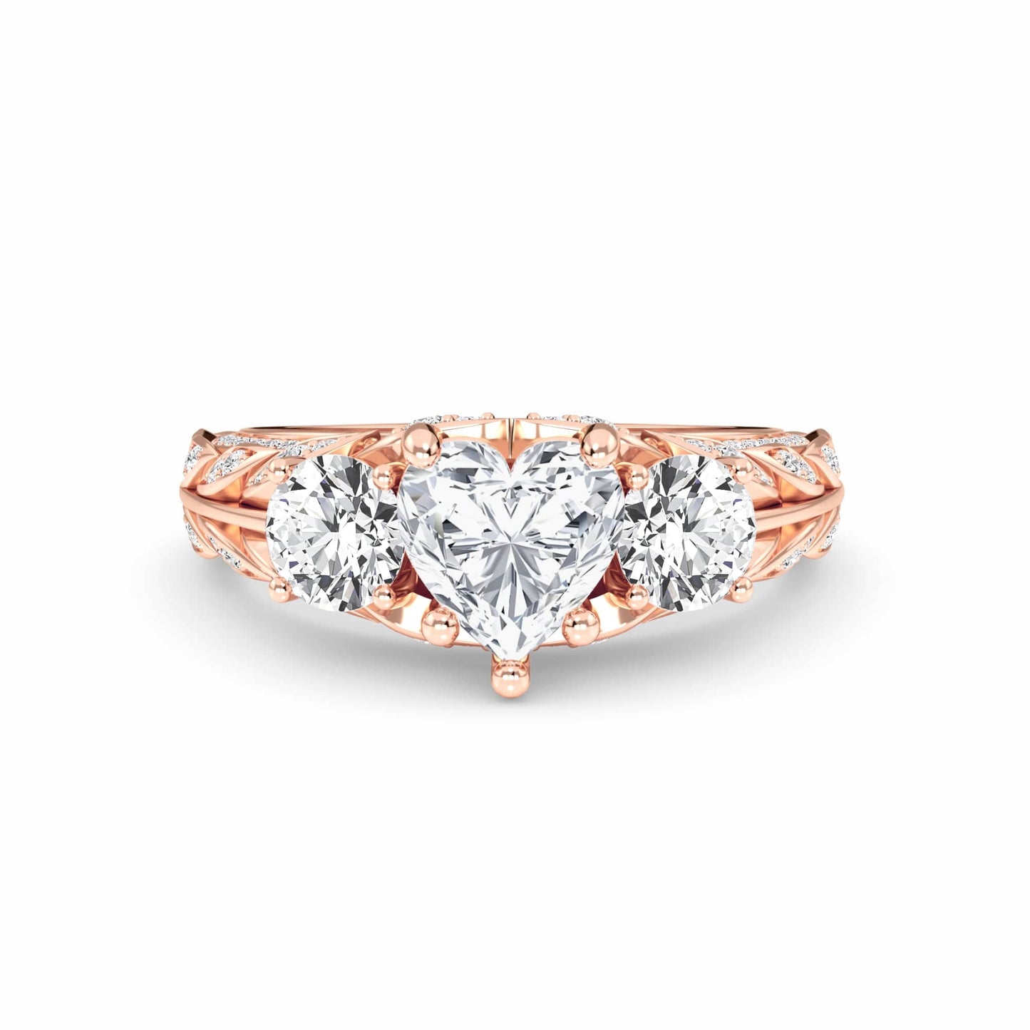 White Diamond Vintage-Inspired Three-Stone Ring - Riley - 18K Rose Gold - 0.300 Carat Heart Diamond