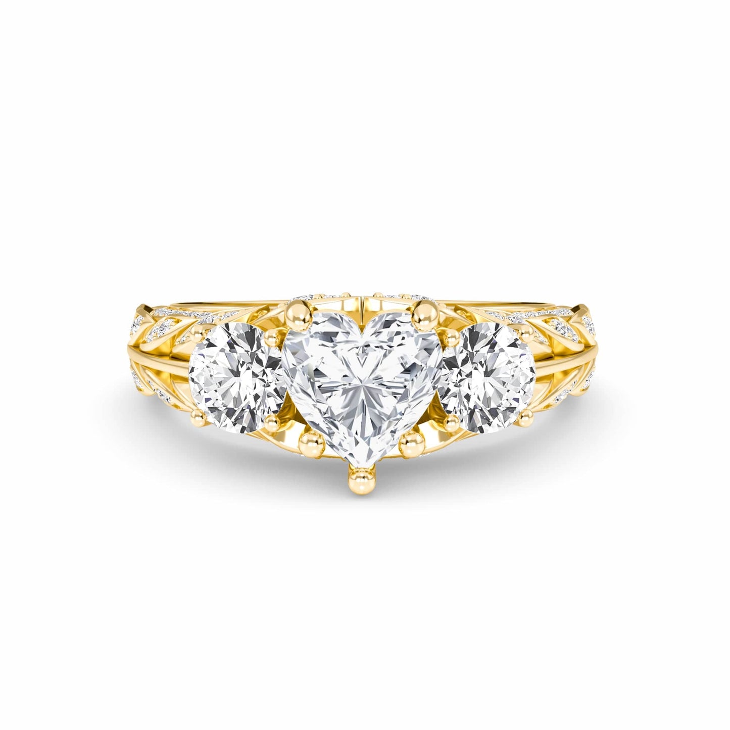 White Diamond Vintage-Inspired Three-Stone Ring - Riley - 18K Yellow Gold - 2.75 Carat Heart Diamond
