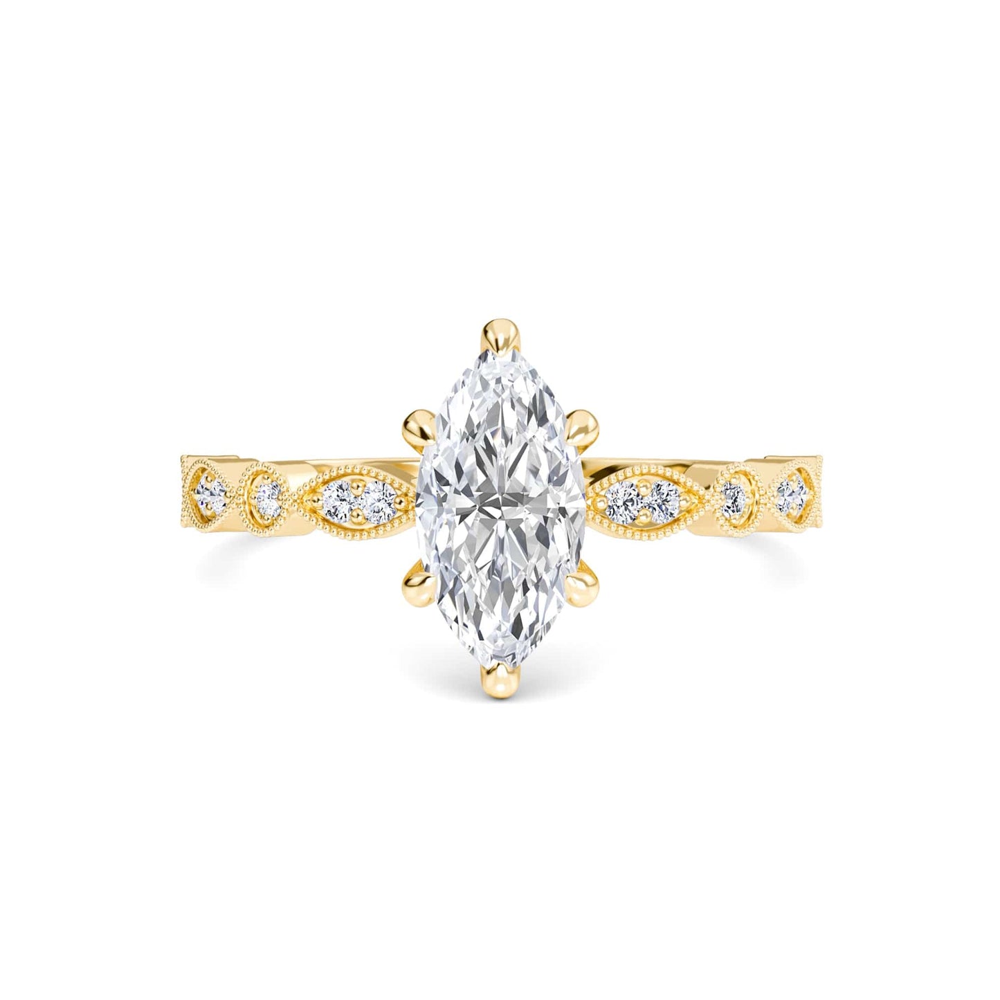 White Diamond Vintage Milgrain Solitaire Engagement Ring - Feiyan - 18K Yellow Gold - 0.320 Carat Marquise Diamond