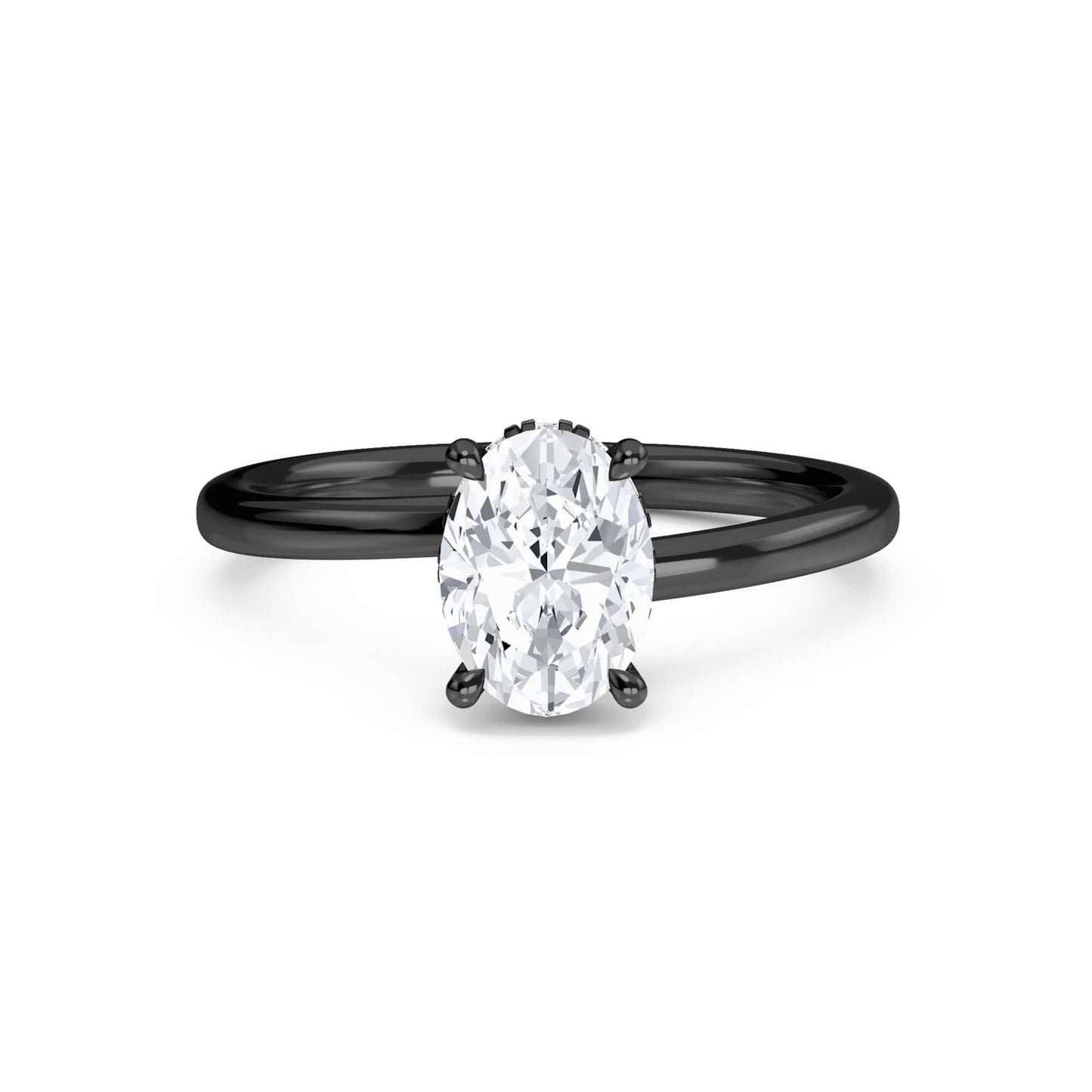 The White Diamond Hidden Halo Solitaire Engagement Ring - Lyric features a 0.20 ct oval E/VS1 diamond in a four-prong 18K blackened gold setting, shown on a white background.