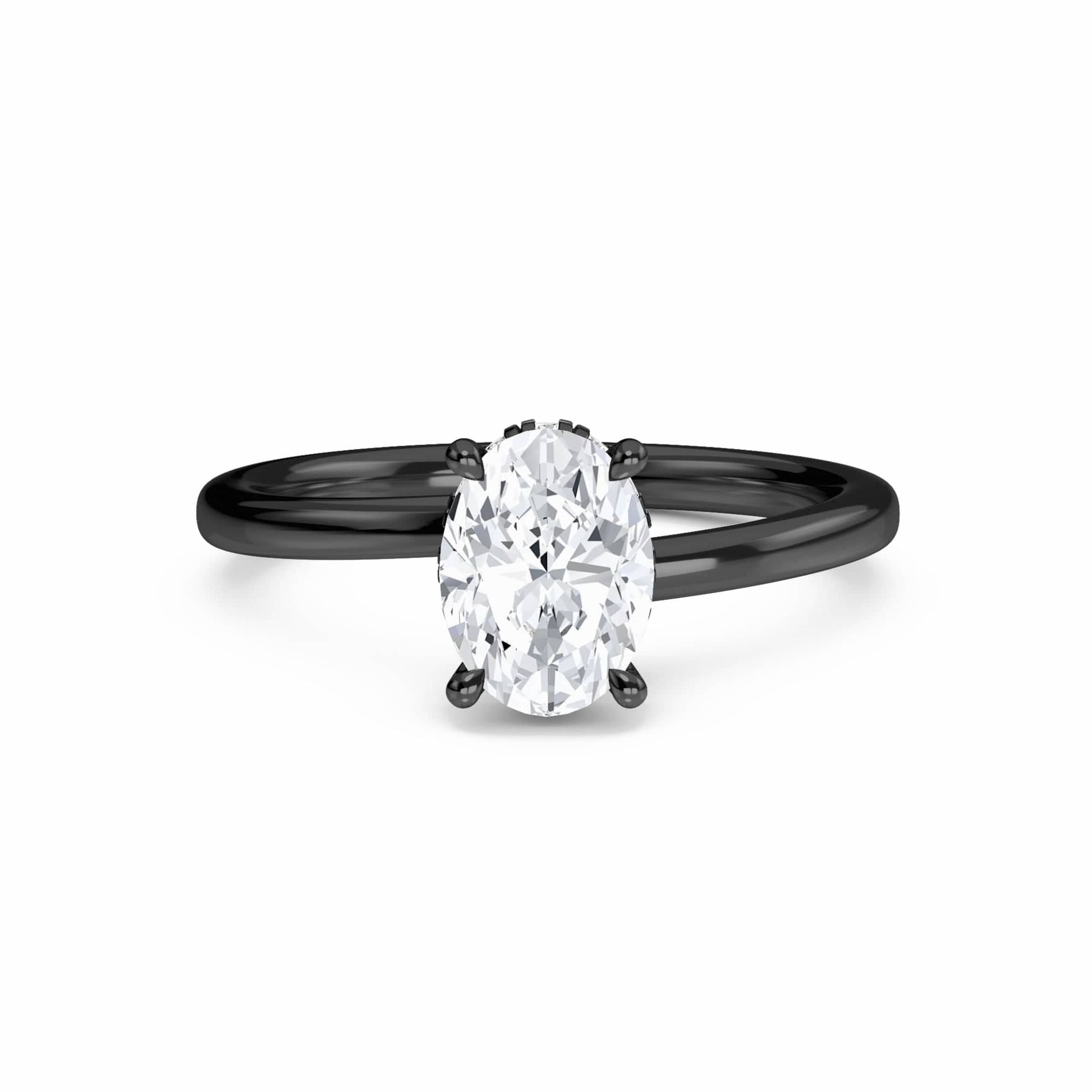 The White Diamond Hidden Halo Solitaire Engagement Ring - Lyric features a 0.20 ct oval E/VS1 diamond in a four-prong 18K blackened gold setting, shown on a white background.