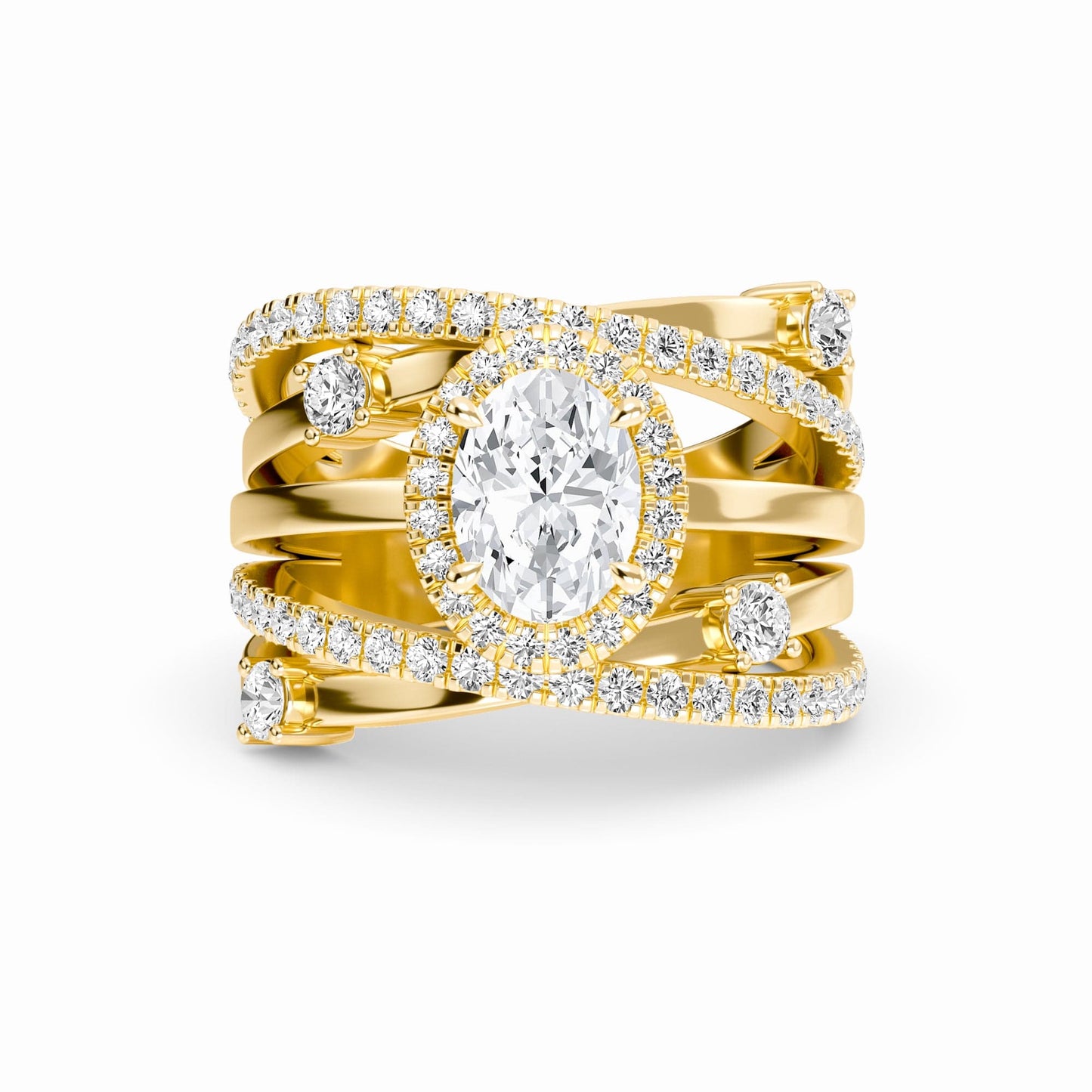 White Diamond Multi-Band Crossover Halo Engagement Ring - Lucienne - 18K Yellow Gold - 0.700 Carat Oval Diamond