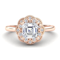 White Diamond Vintage Floral Halo Engagement Ring - Huixin - 18K Rose Gold - 1.200 Carat Asscher Diamond