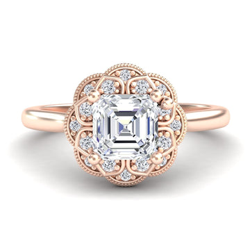 White Diamond Vintage Floral Halo Engagement Ring - Huixin - 18K Rose Gold - 1.200 Carat Asscher Diamond