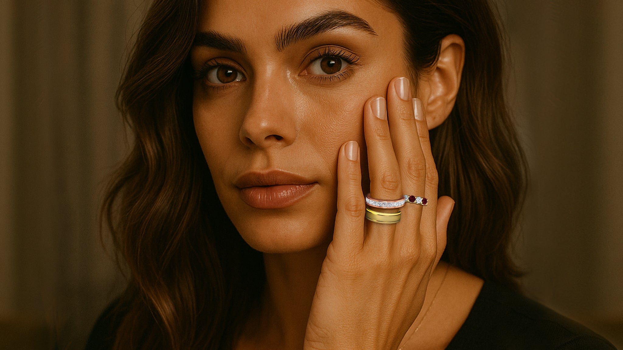 Woman with rings on her fingers against a neutral background