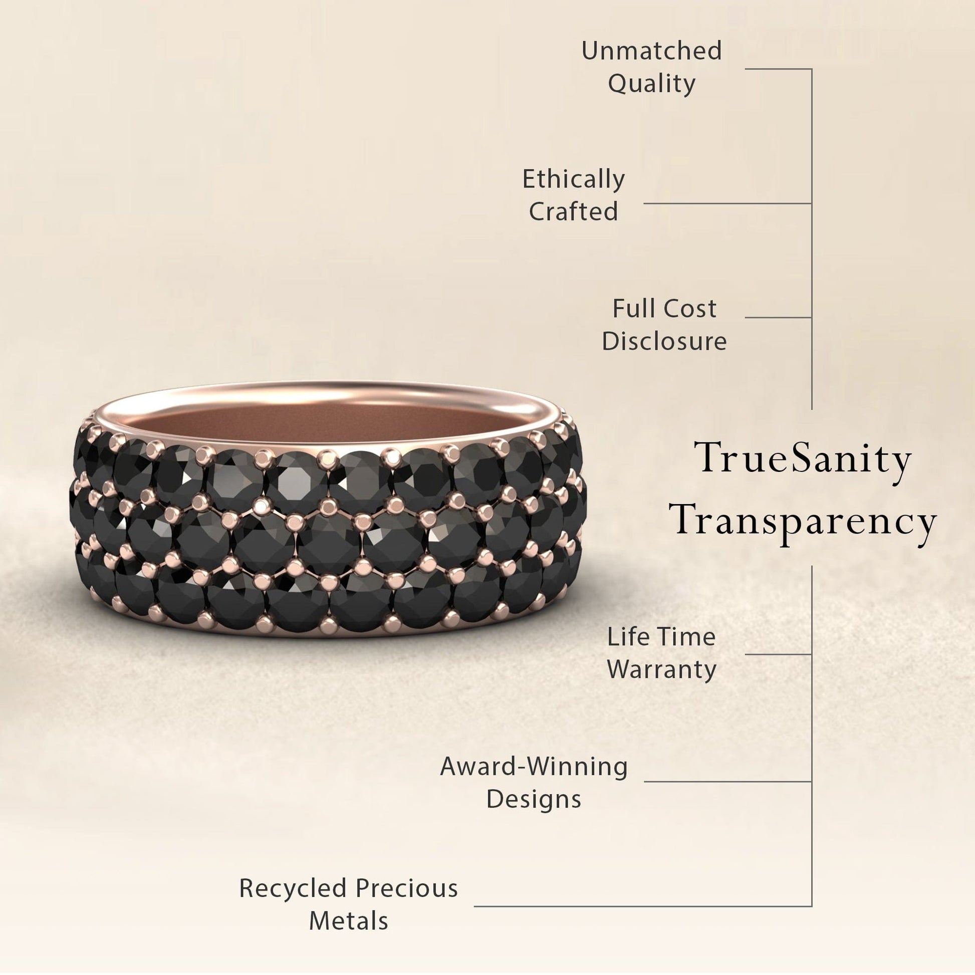 The Black Diamond Three Row Pave Set Wedding Band - Leila features luxurious black diamonds, rose gold details, unmatched quality, ethical crafting, transparent pricing, a lifetime warranty, award-winning design, and recycled precious metals.