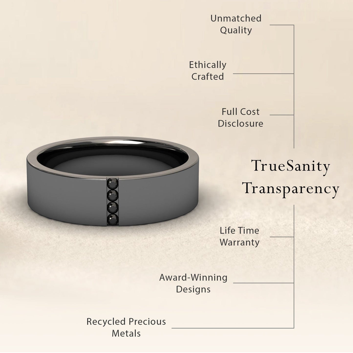 The Mens 5.5mm Black Diamond Wedding Ring - Chase is shown on a beige background. Text highlights unmatched quality, ethical craftsmanship, transparent pricing, lifetime warranty, award-winning design, and recycled metals.