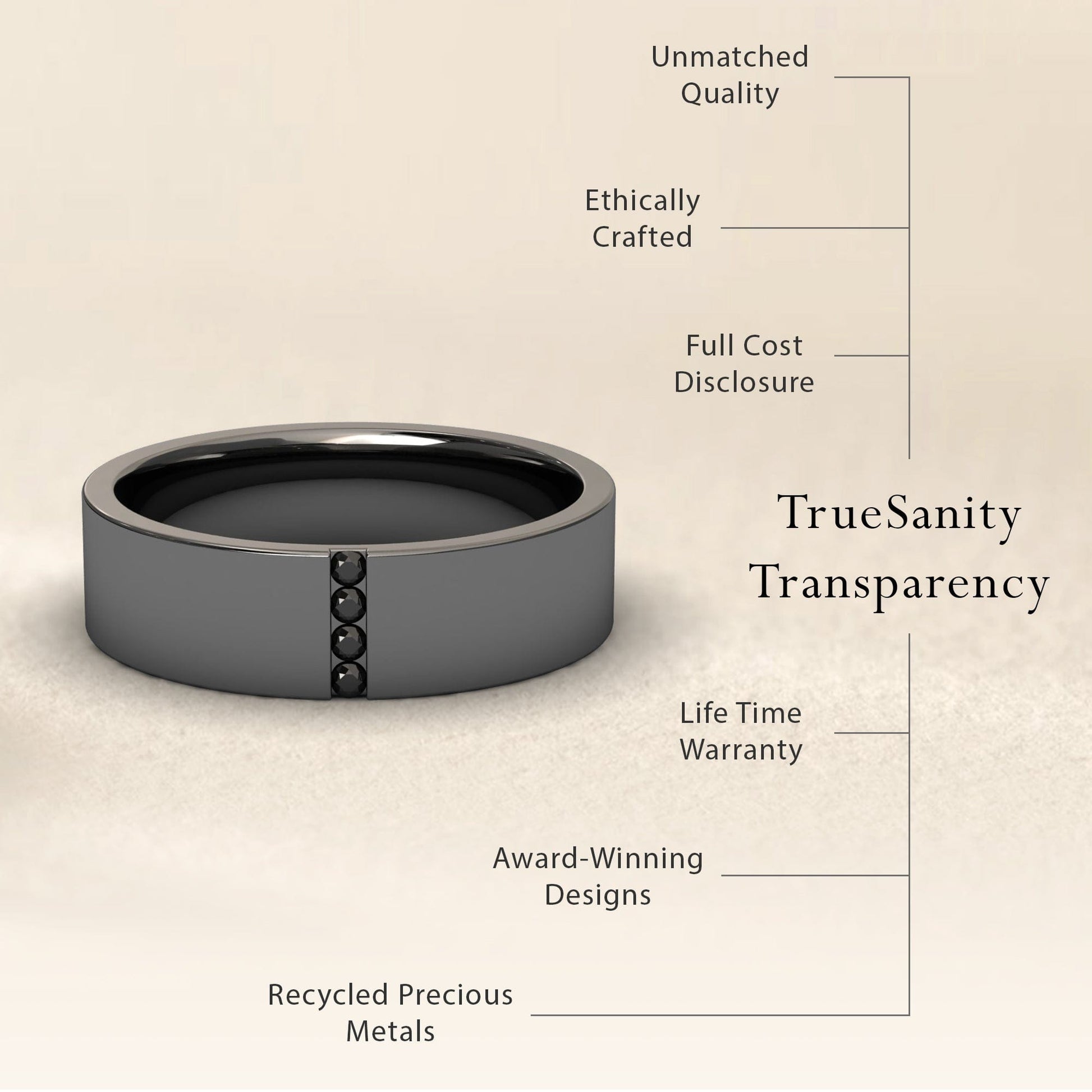 The Mens 5.5mm Black Diamond Wedding Ring - Chase is shown on a beige background. Text highlights unmatched quality, ethical craftsmanship, transparent pricing, lifetime warranty, award-winning design, and recycled metals.