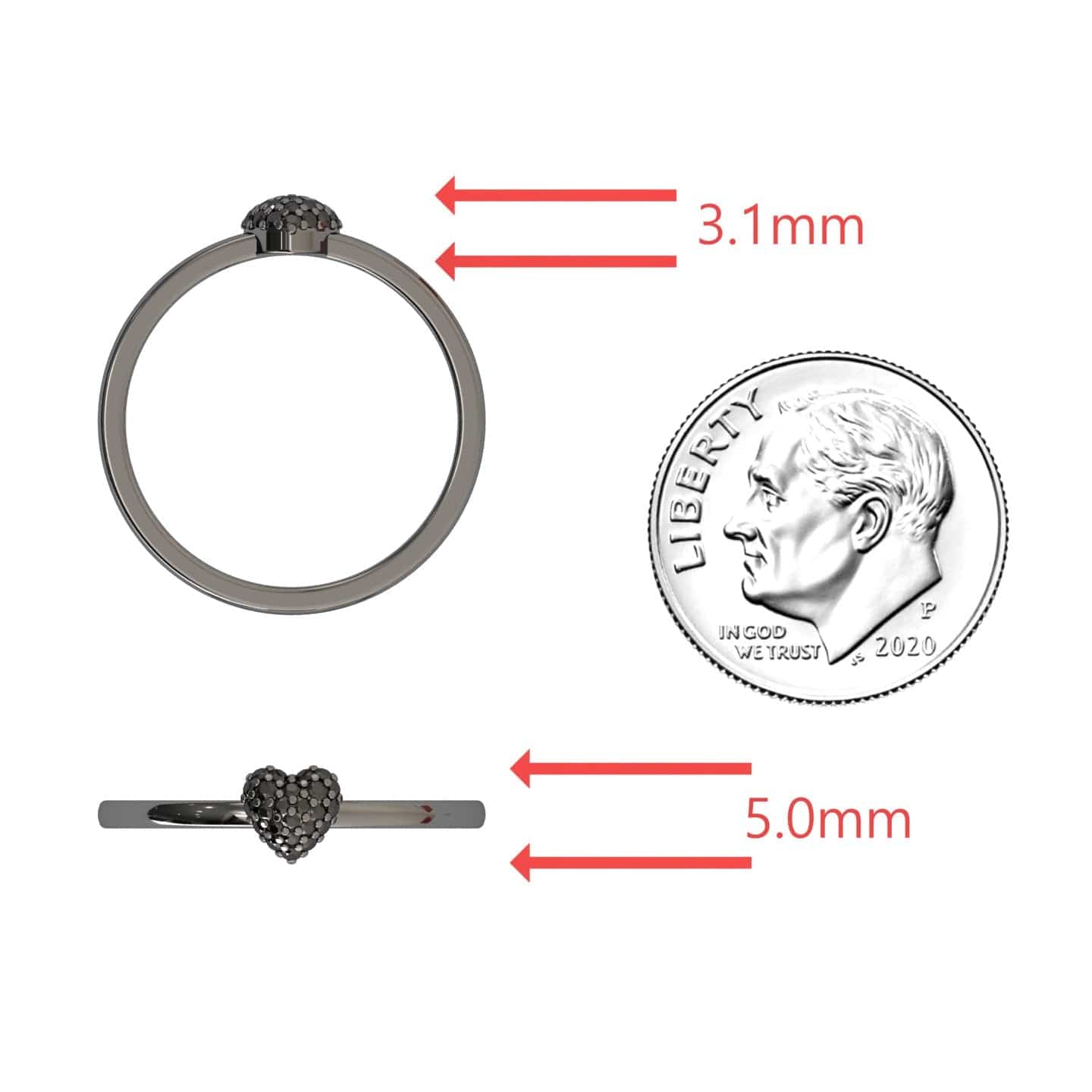 The Black Diamond Pave Heart Ring - Bonita features a small heart-shaped setting, 3.1mm tall and 5.0mm wide (shown next to a dime for scale). Three views—top, side, and front—are displayed with red arrows indicating dimensions.