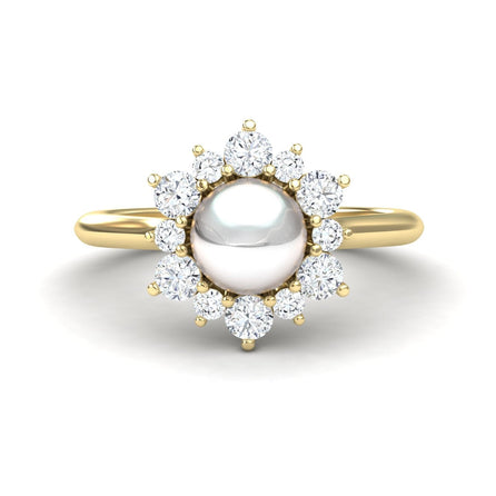 White Akoya Pearl & Diamond Floral Halo Ring - Emily